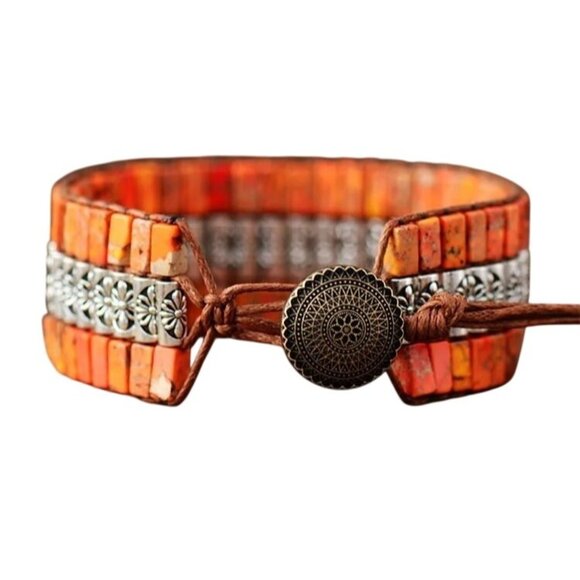 Western Orange Mohave Turquoise Leather Silver Bracelet Adjustable Southwest - Picture 2 of 4